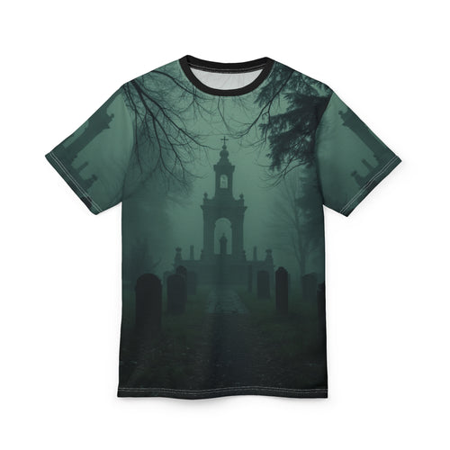 Eerie Cemetery Unisex Halloween T-shirt featuring spooky ghost and misty graveyard all-over print design