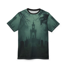 Load image into Gallery viewer, Eerie Cemetery Unisex Tees, Halloween T-Shirt, Gloomy Ghost Shirt, Spooky Apparel, Unique Graphic Tee
