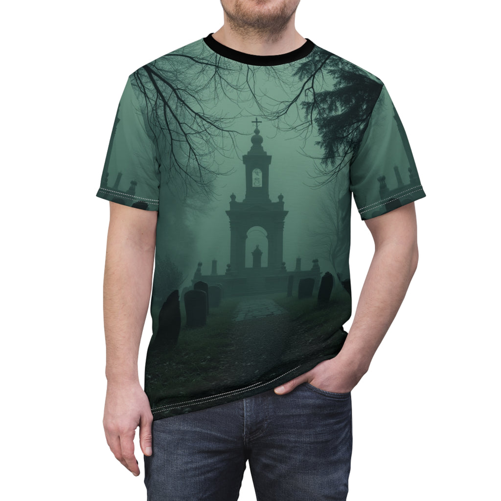 Eerie Cemetery Unisex Halloween T-shirt featuring spooky ghost and misty graveyard all-over print design