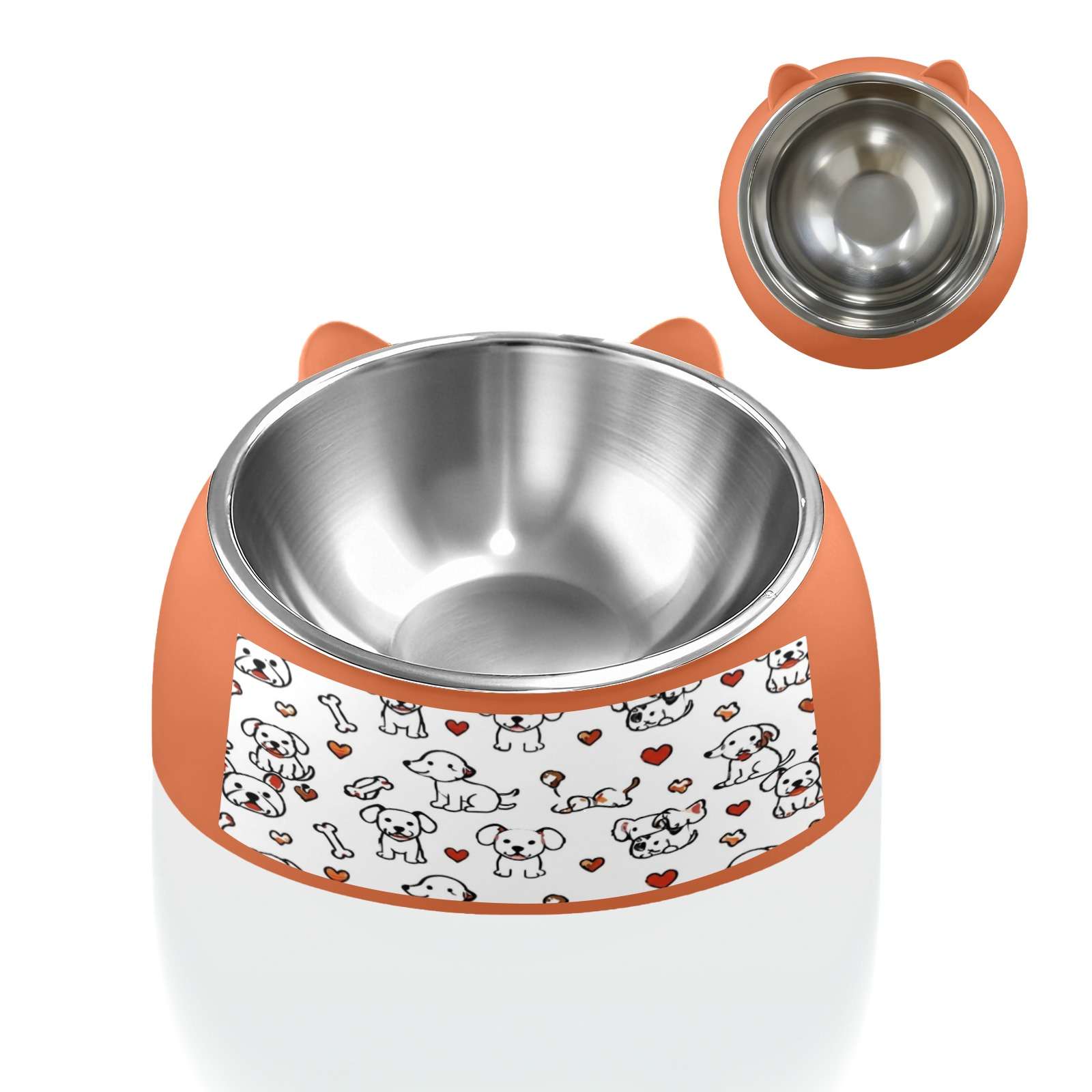 Orange pet bowl with playtime doodles design and removable stainless steel insert