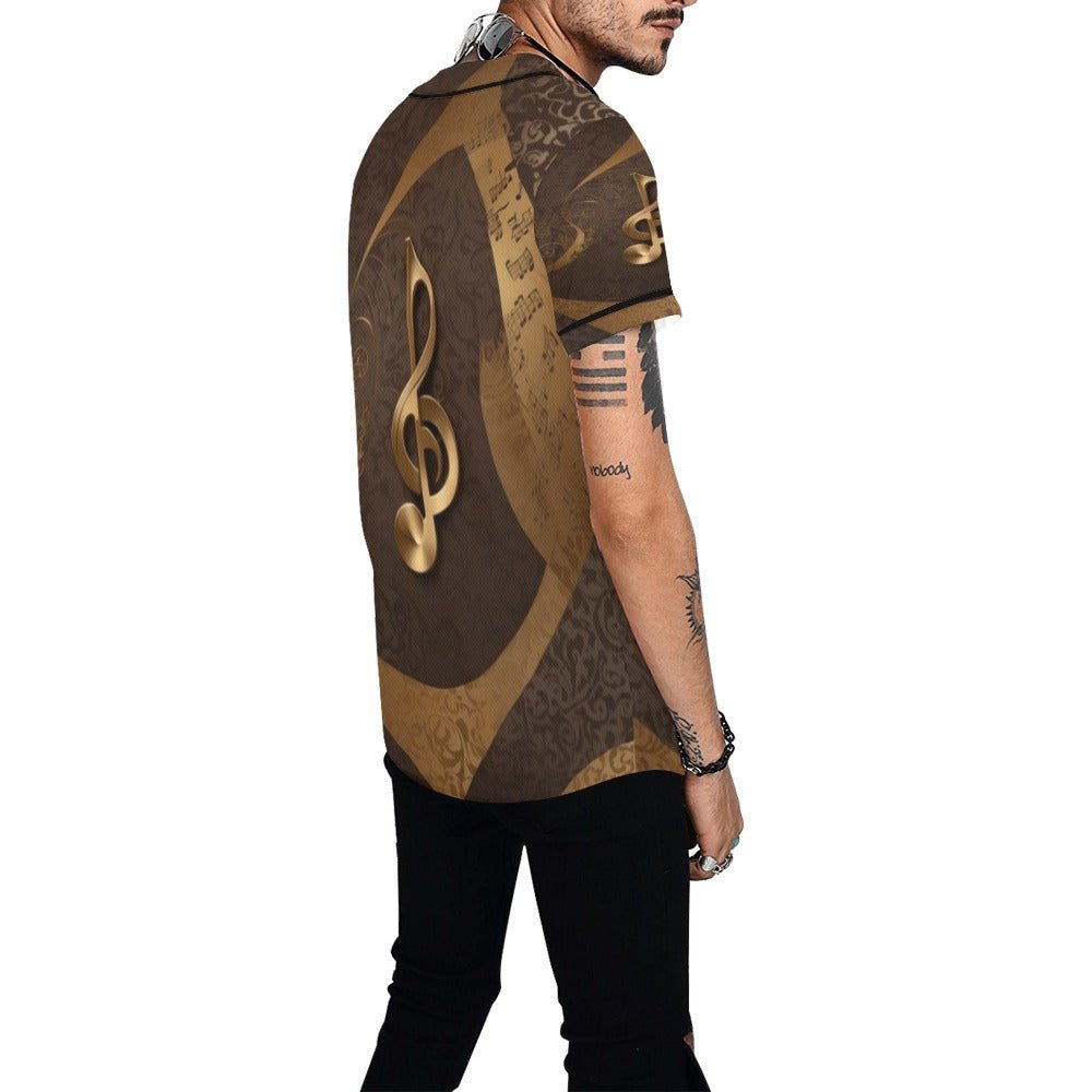 Baseball jersey with gold leopard and musical notes all-over print and full-button front — product detail