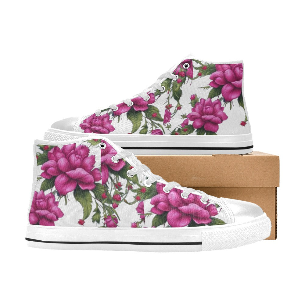 R&RH Fushia Roses women's high top canvas sneakers with vibrant floral design