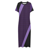 Purple diagonal print bodycon maxi dress with short sleeves and crew neck — side view