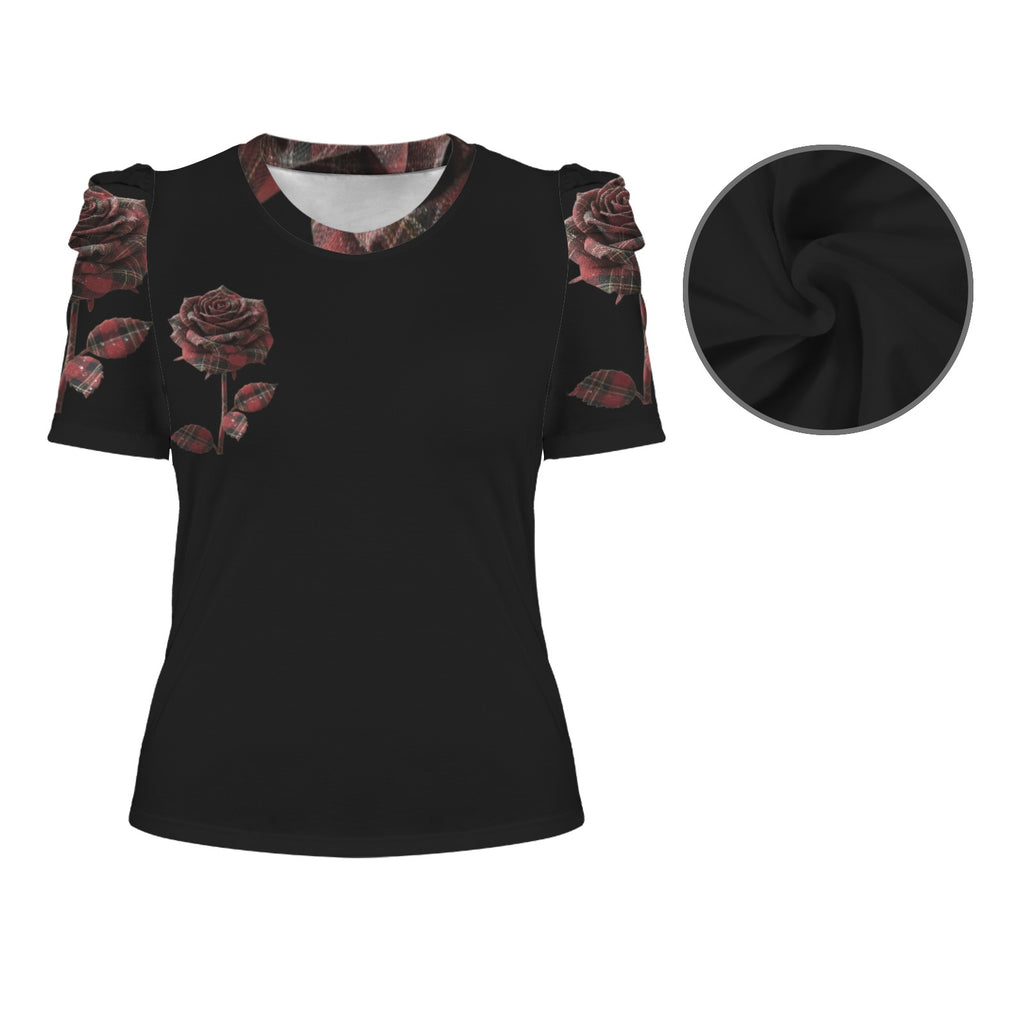 Rich and Rich Red Rose Women's Black Puff Sleeve T-Shirt with floral print