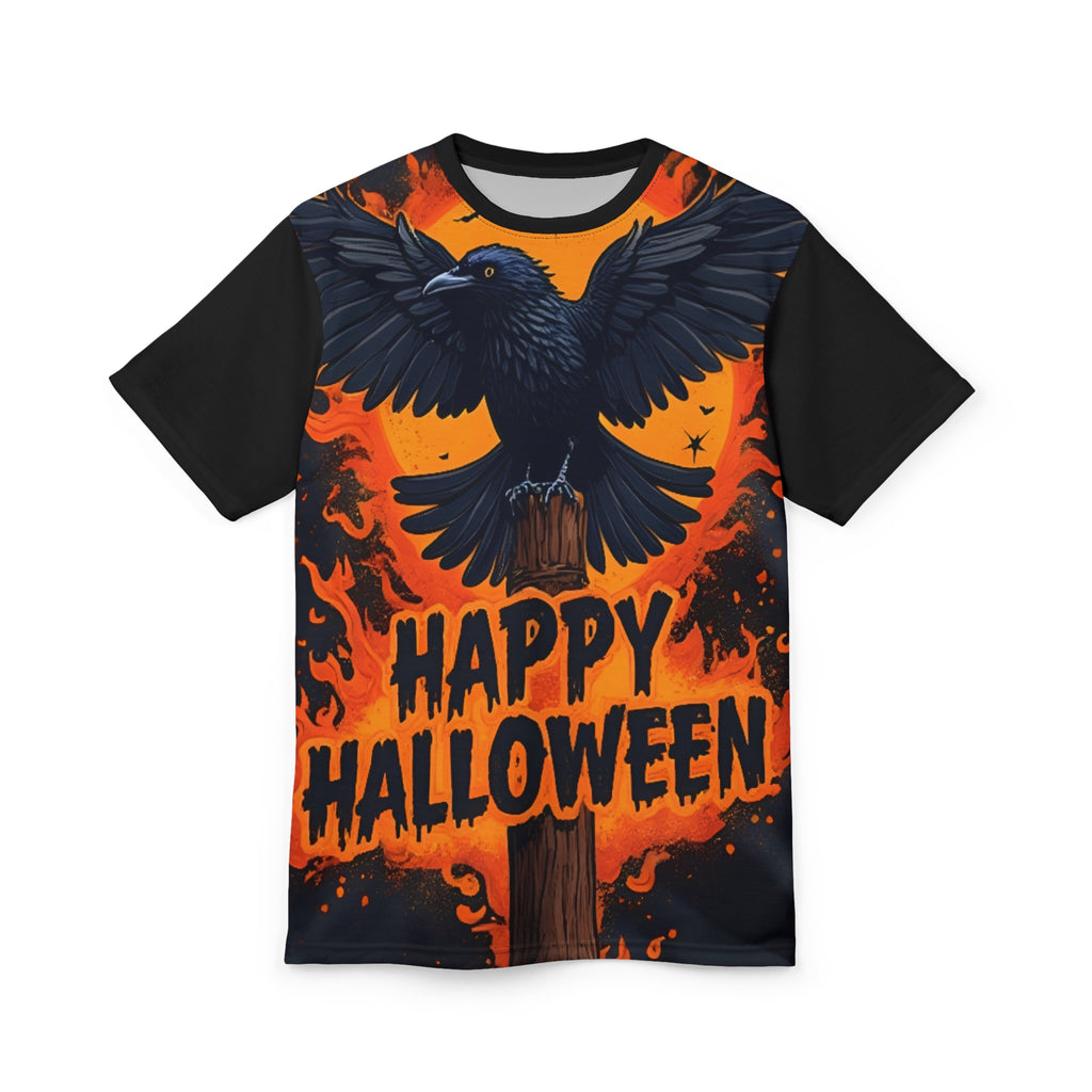 Unisex Halloween Crow Tee with striking raven graphic and Happy Halloween text