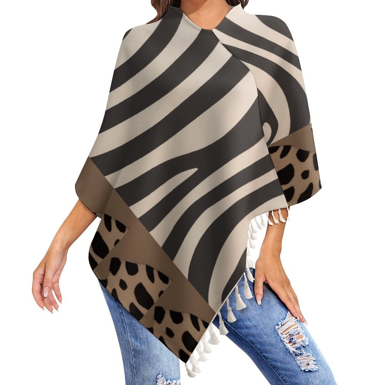 Loose women's tassel cape in smooth polyester blend with tassel trim — alternate view