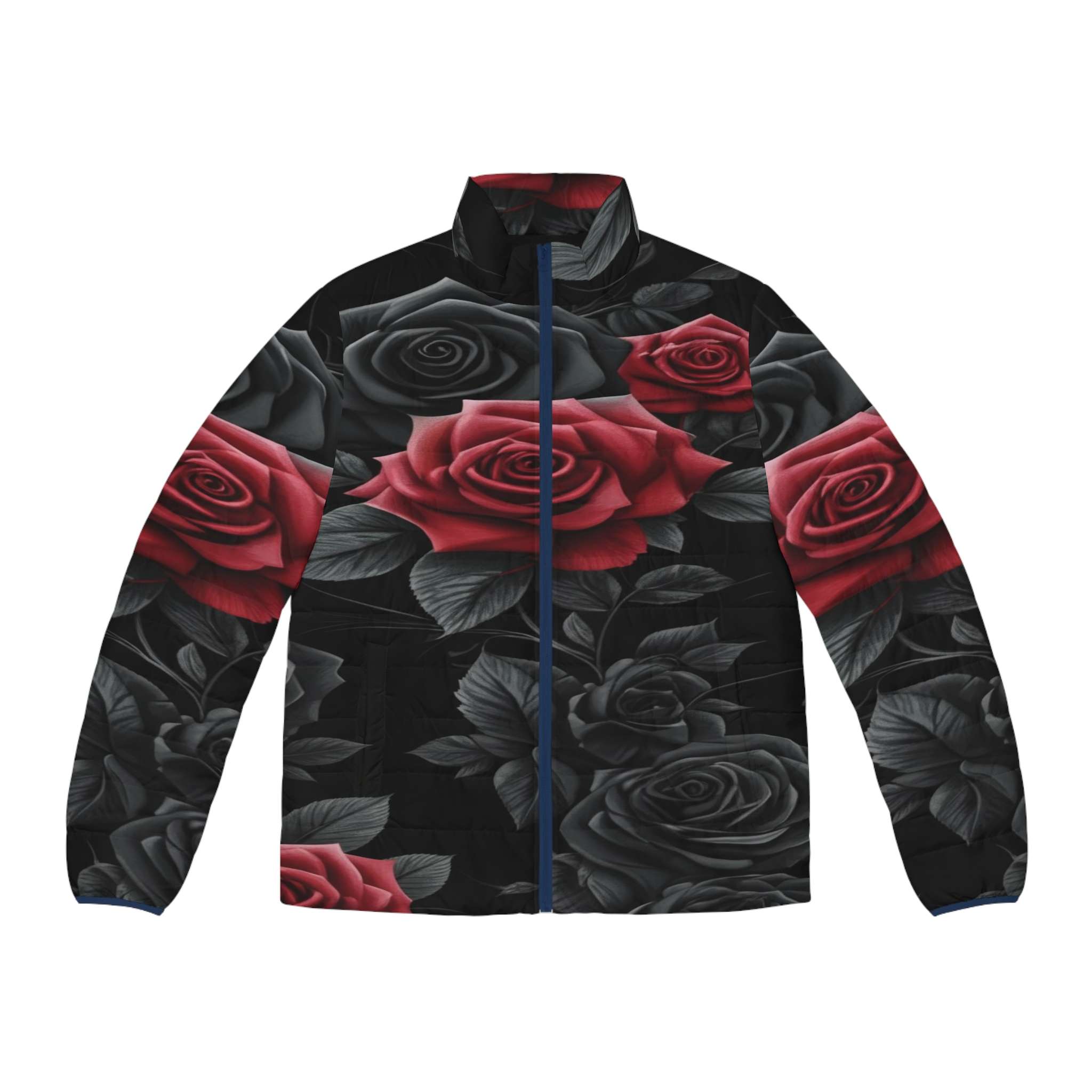 Men's black and red puffer jacket with bold rose floral print and front pockets — alternate view