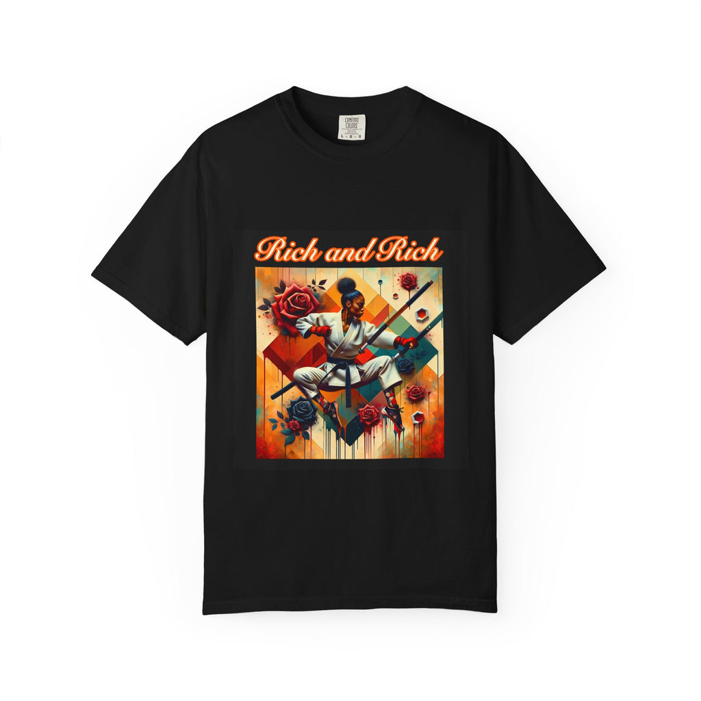 Rich and Rich Retro Floral Hip-Hop Artwork T-Shirt with bold graphic print on front