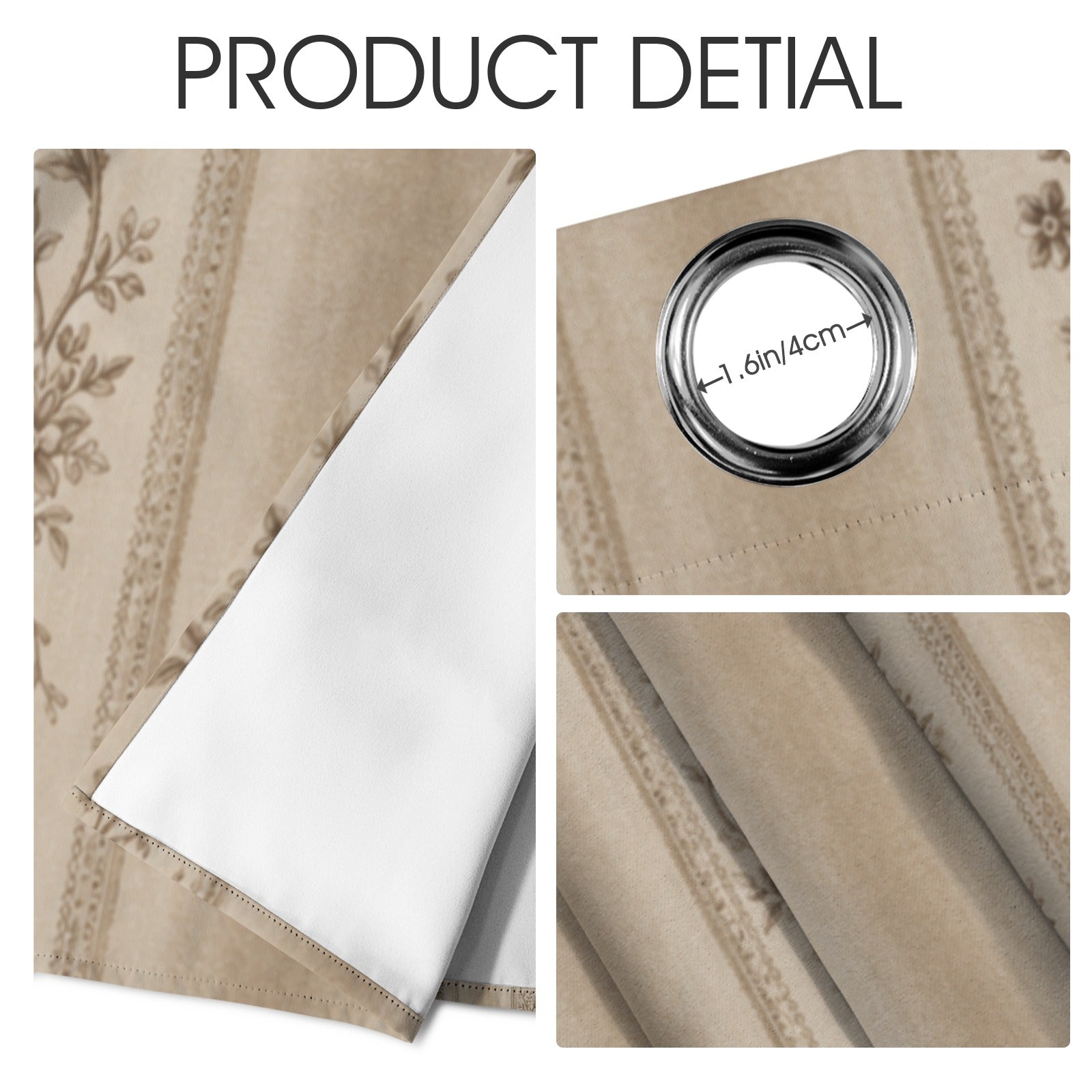 Close up of beige floral curtain lining, grommet, and fabric texture