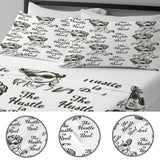 White bedding set with 'The Hustle Is Real' design, quilt cover and two pillow shams — product detail