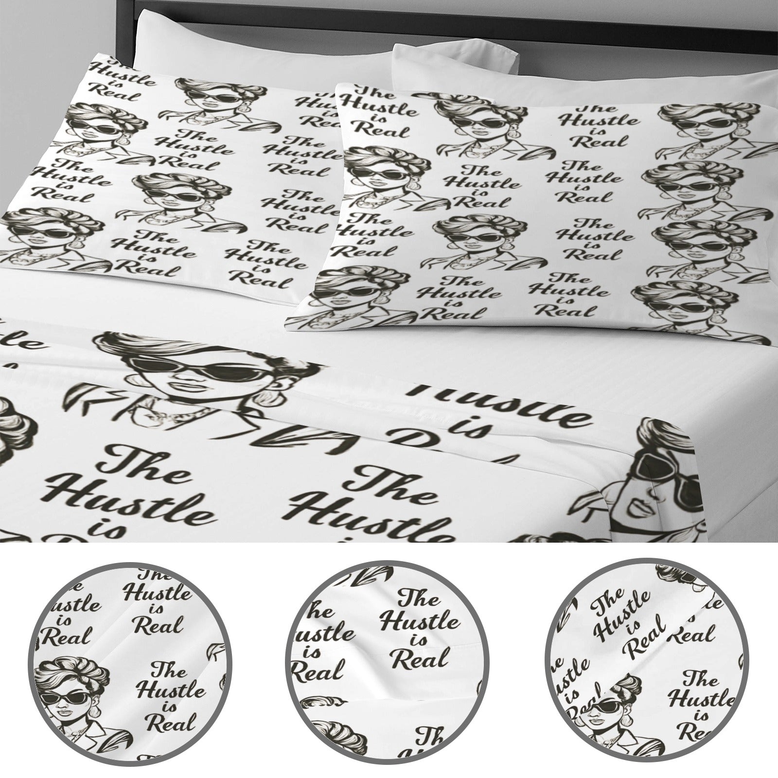 White bedding set with 'The Hustle Is Real' design, quilt cover and two pillow shams — product detail