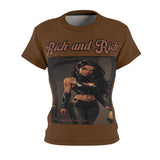 Women's brown all-over graphic T-shirt featuring bold 'Rich and Rich' print — side view