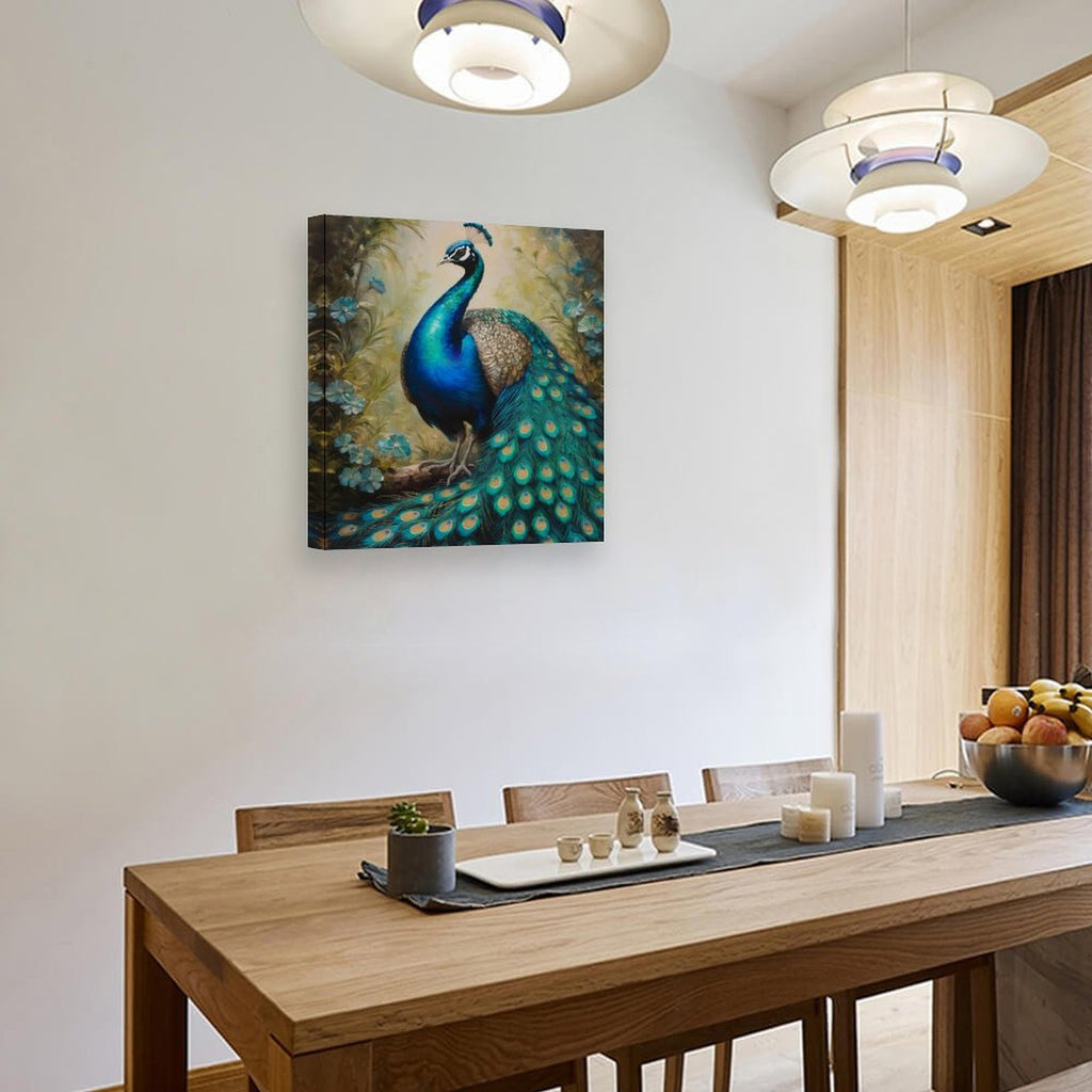 Vertical 20x24 inch peacock decorative canvas painting with vibrant colors and hand-framed detail