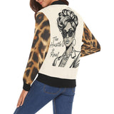 Brown caricature all-over print bomber jacket with ribbed collar, elastic cuffs and zip front — rear view