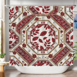 Shower curtain with Crimson Oasis design in crimson and ivory, reinforced metal grommets, 84 by 70.9 inches — product detail