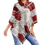 Red and white geometric floral tassel cape with tassel trim in polyester blend