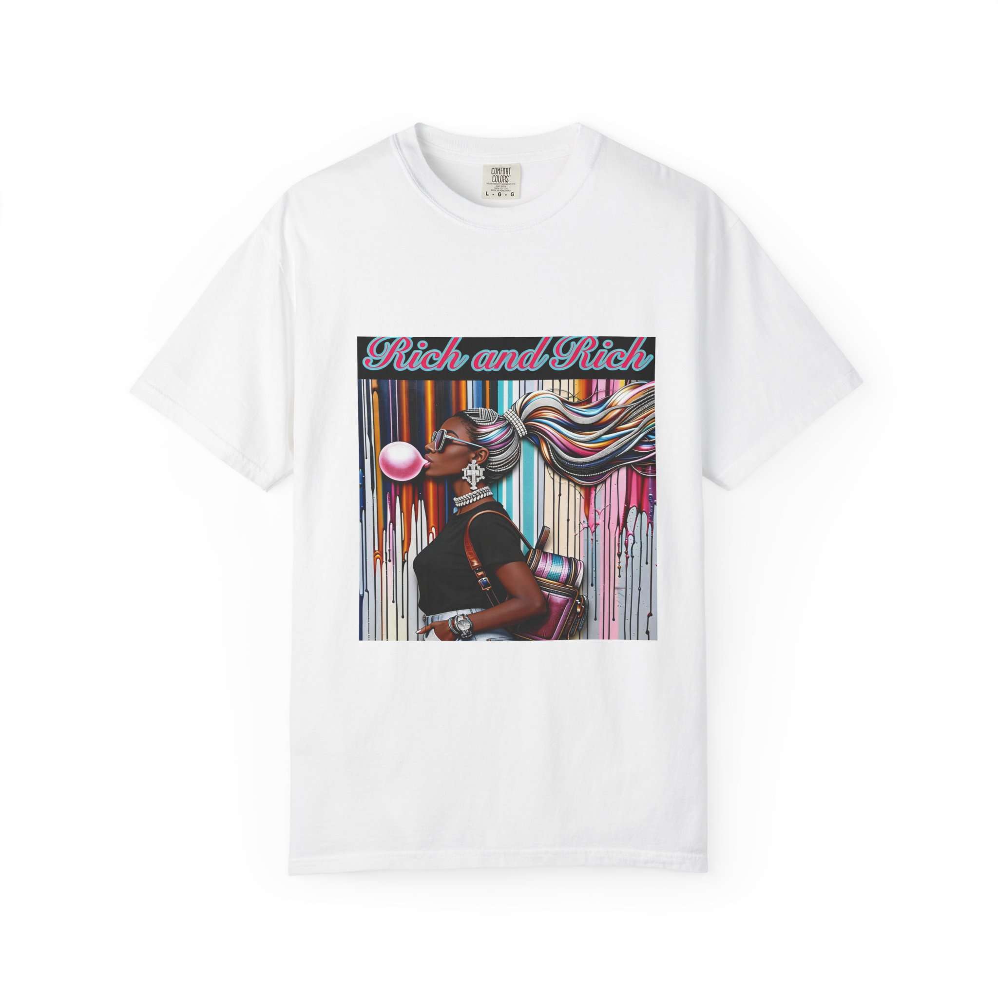 Garment-dyed heavyweight tee with colorful bubblegum street-art print of a figure blowing a bubble — alternate view