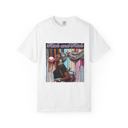 Unisex Rich and Rich colorful bubblegum street art graphic t-shirt featuring a figure blowing a rainbow bubble