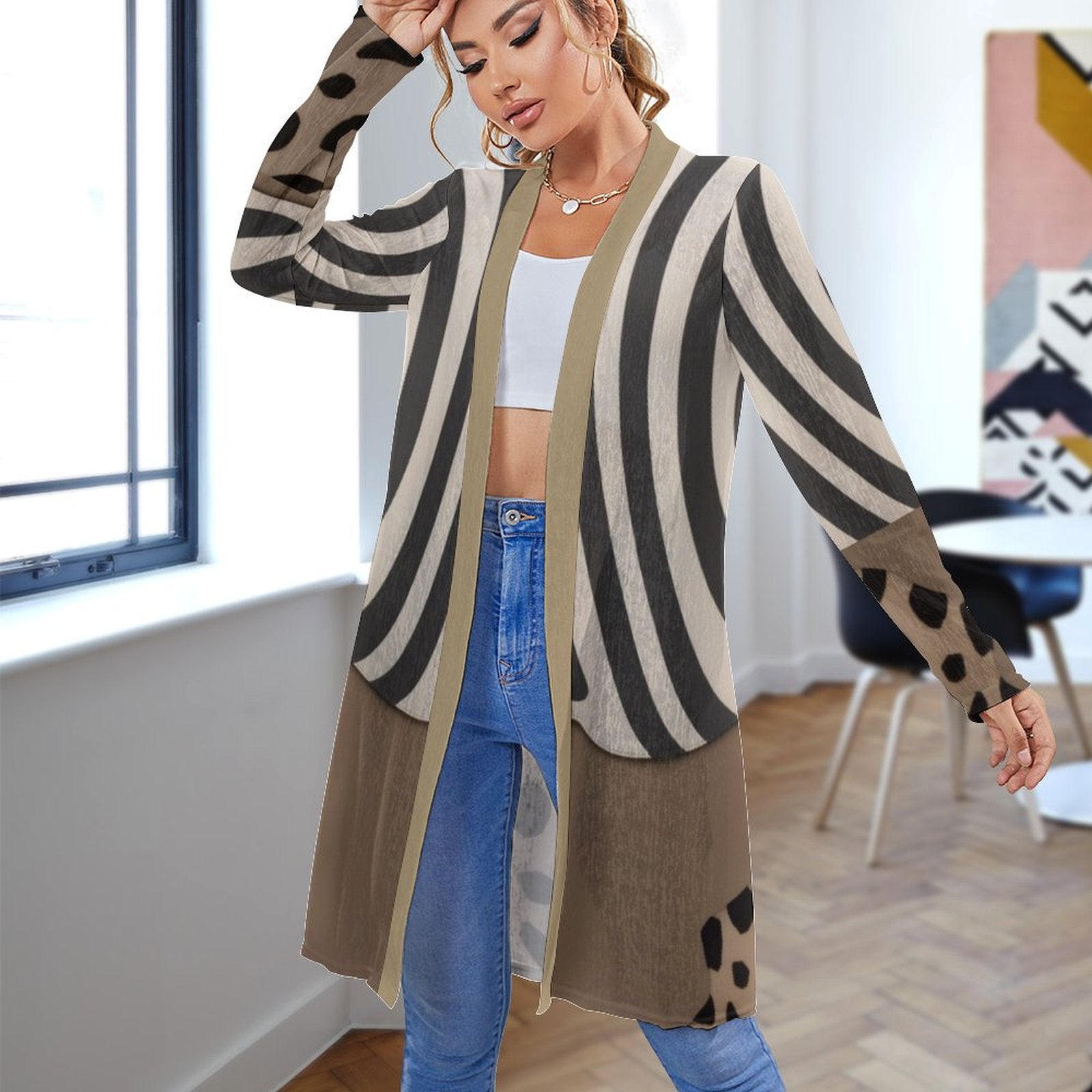 Rich and Rich Women's Brown and Beige Mid-Length Cardigan