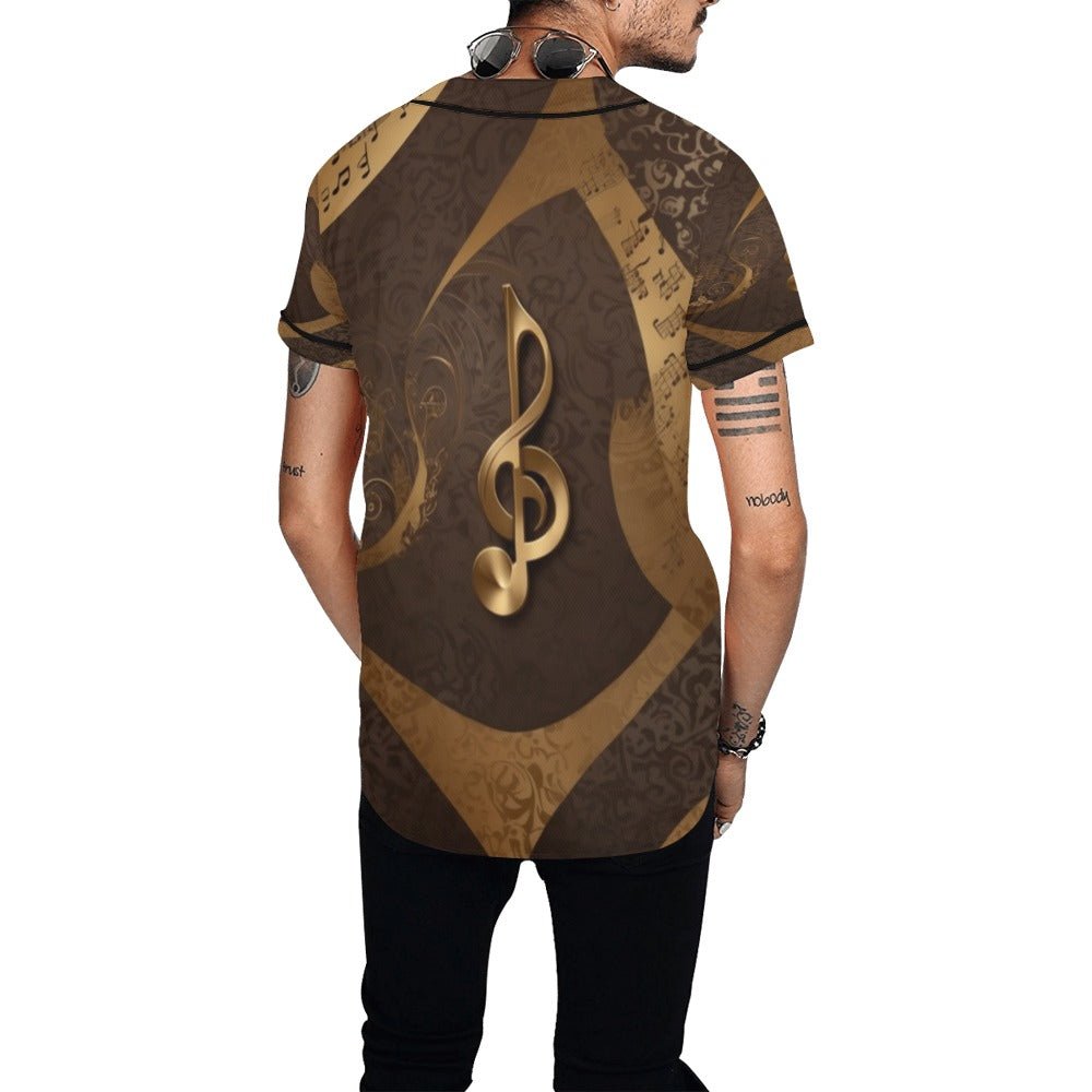 Baseball jersey with gold leopard and musical notes all-over print and full-button front — alternate view