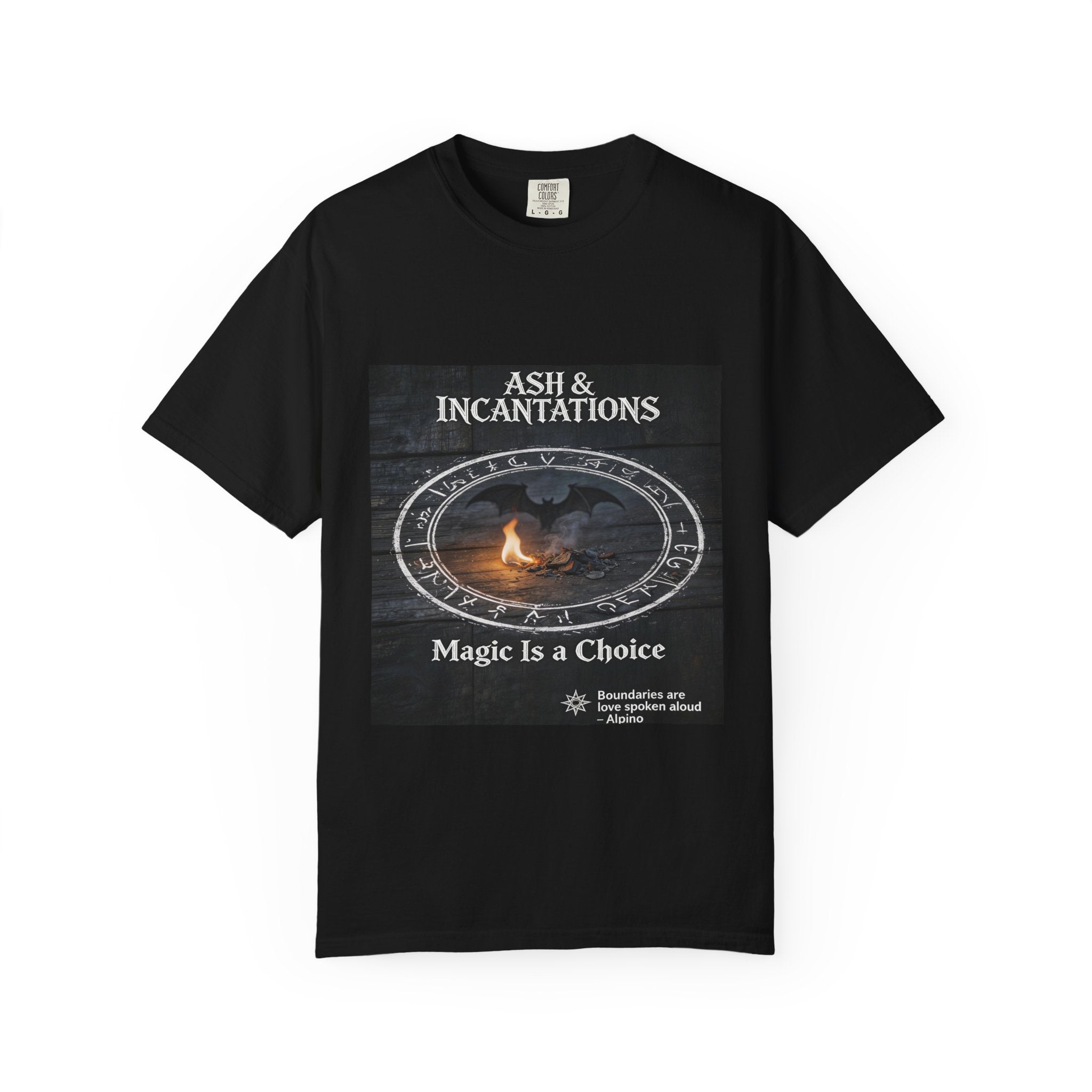 Garment-dyed heavyweight T-shirt with 'Magic Is a Choice' altar scene print and relaxed fit — side view