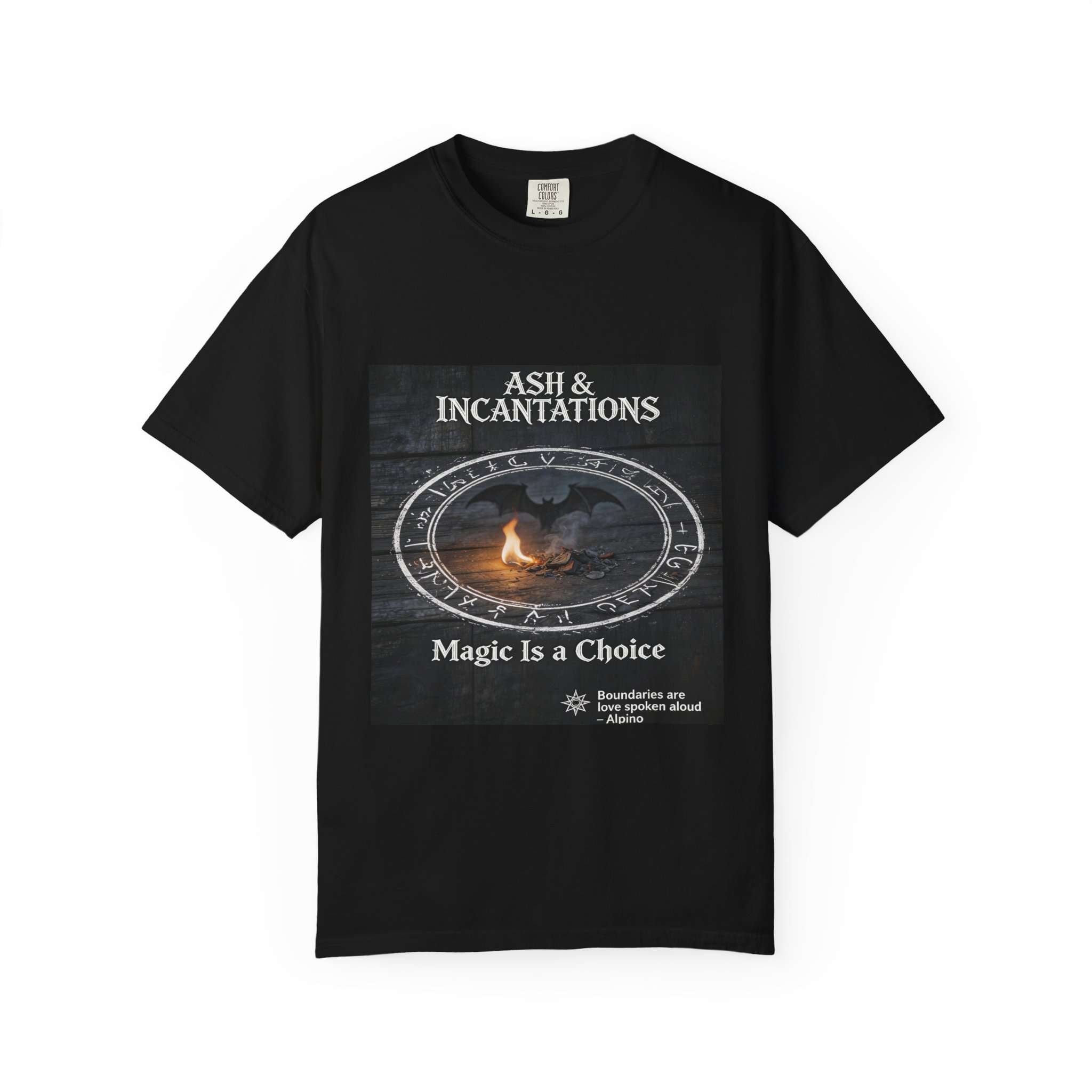 Garment-dyed heavyweight T-shirt with 'Magic Is a Choice' altar scene print and relaxed fit — side view