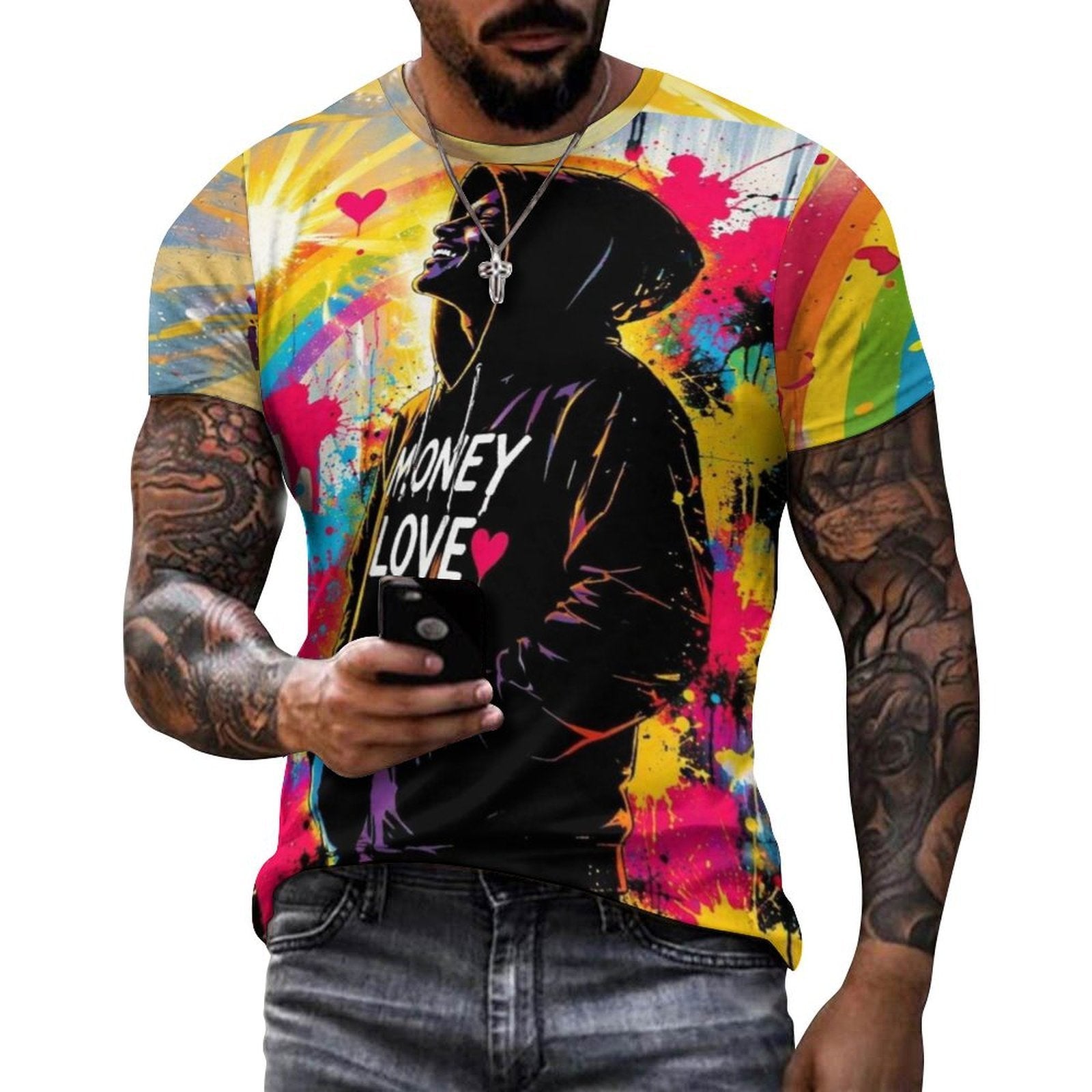 Men’s yellow graffiti graphic cotton T-shirt with classic round neckline and casual fit
