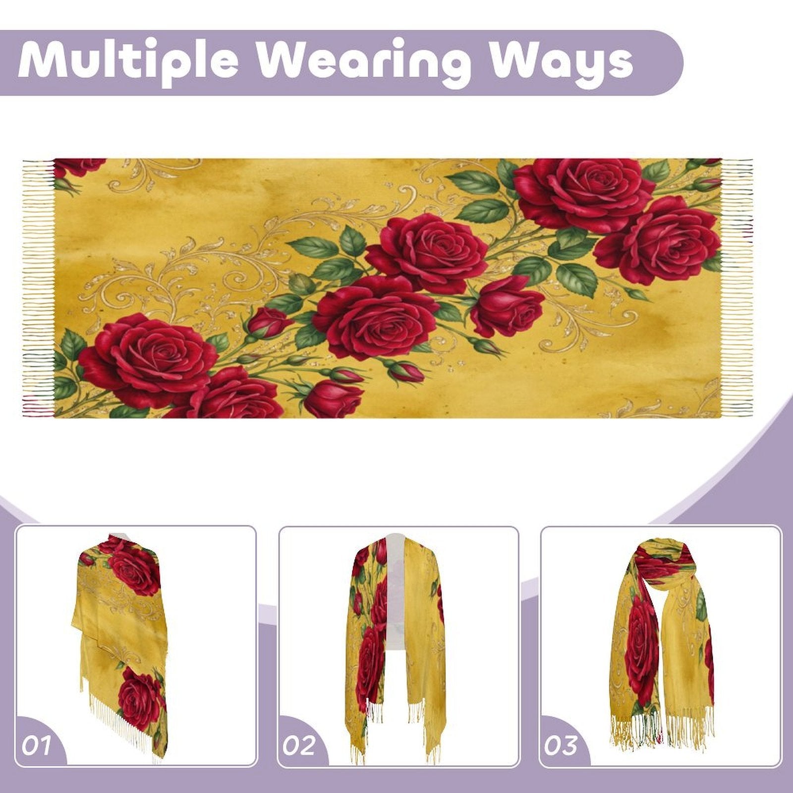 Rich and Rich Women's Golden Rose Elegance Designer Tassel Scarf | Luxury Mustard Yellow Rose Fashion Wrap