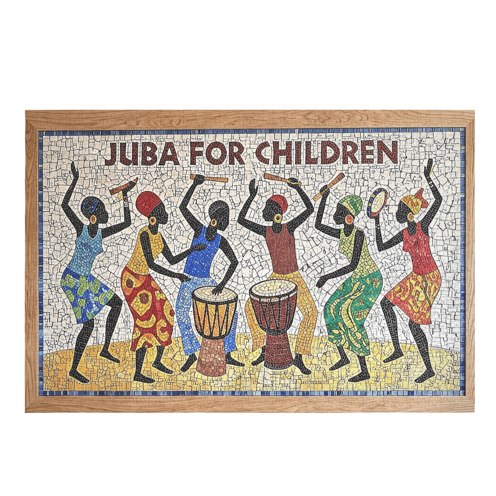 Panoramic 1000-piece wooden puzzle showing Juba dance evolution from fields to stage — side view