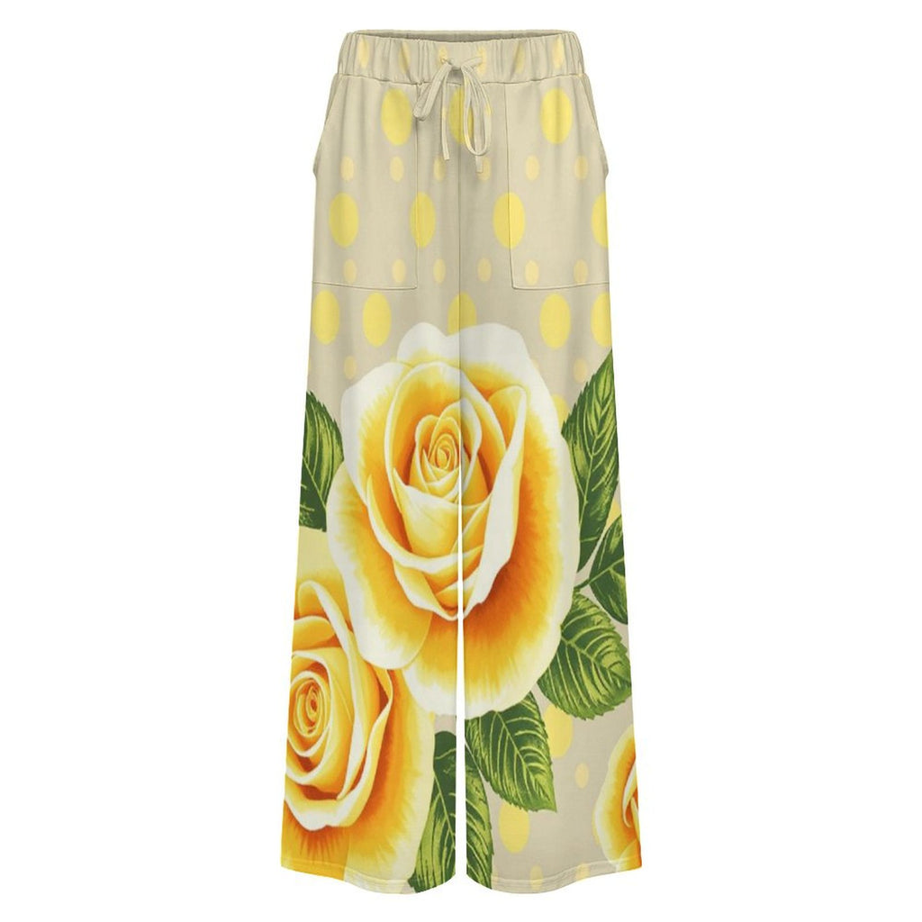 Yellow rose and polka dot wide-leg women's pants with adjustable waist and pockets