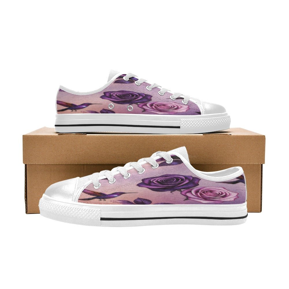 Lilac floral birdsong canvas lace-up sneakers with rubber outsole and metal eyelets — rear view