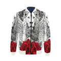 R&RH Men's White Zipper Bomber Jacket with Caricature and Roses All Over Print