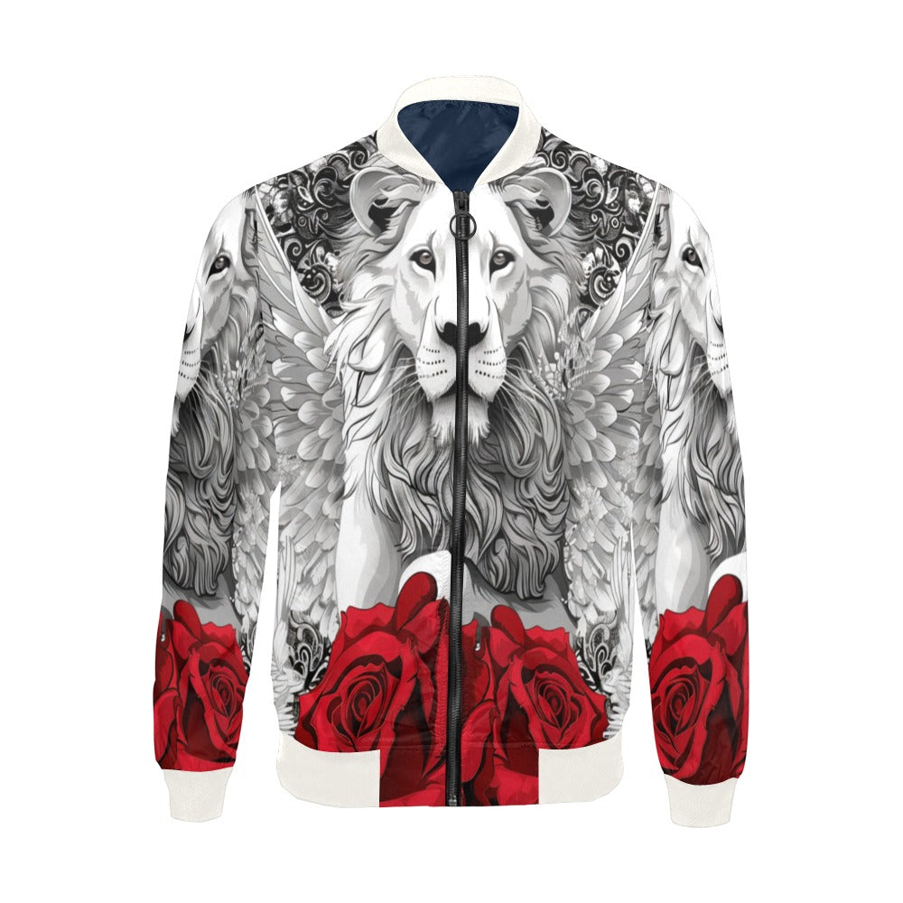 R&RH Men's White Zipper Bomber Jacket with Caricature and Roses All Over Print