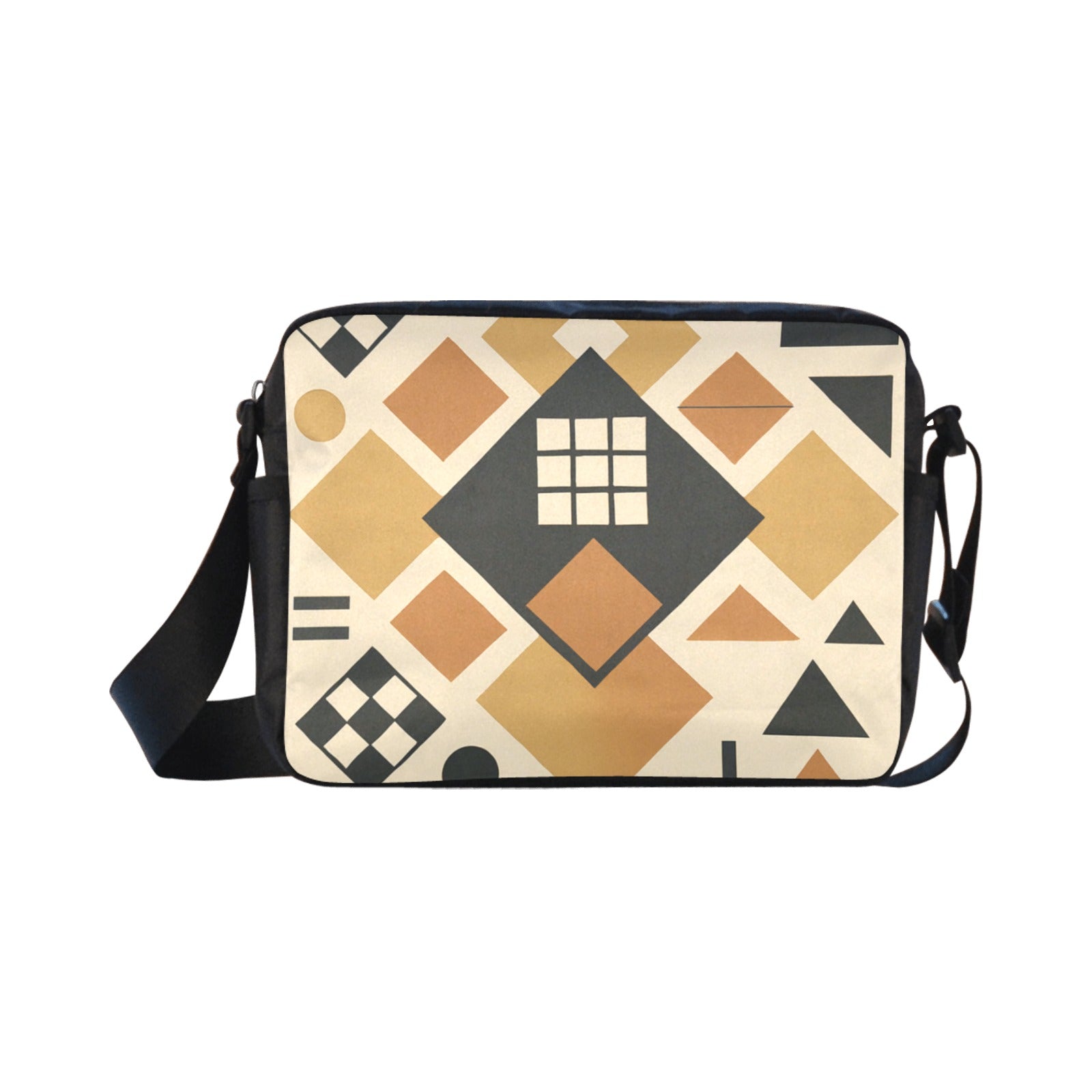 Earthtone geometric nylon cross-body messenger bag with adjustable strap and exterior zip pockets — alternate view