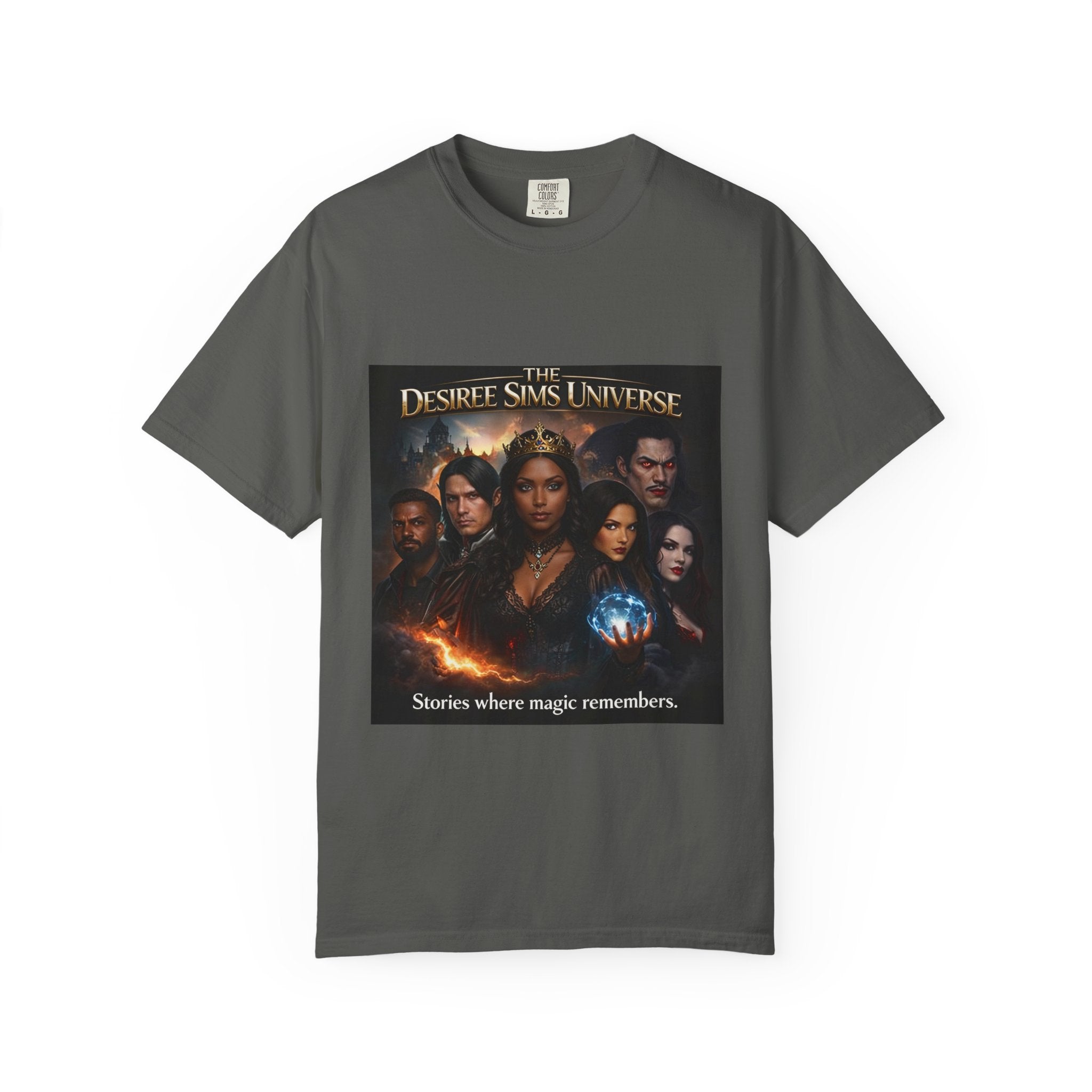 Garment-dyed heavyweight T-shirt with Desiree Sims Universe cast poster print and relaxed fit — side view
