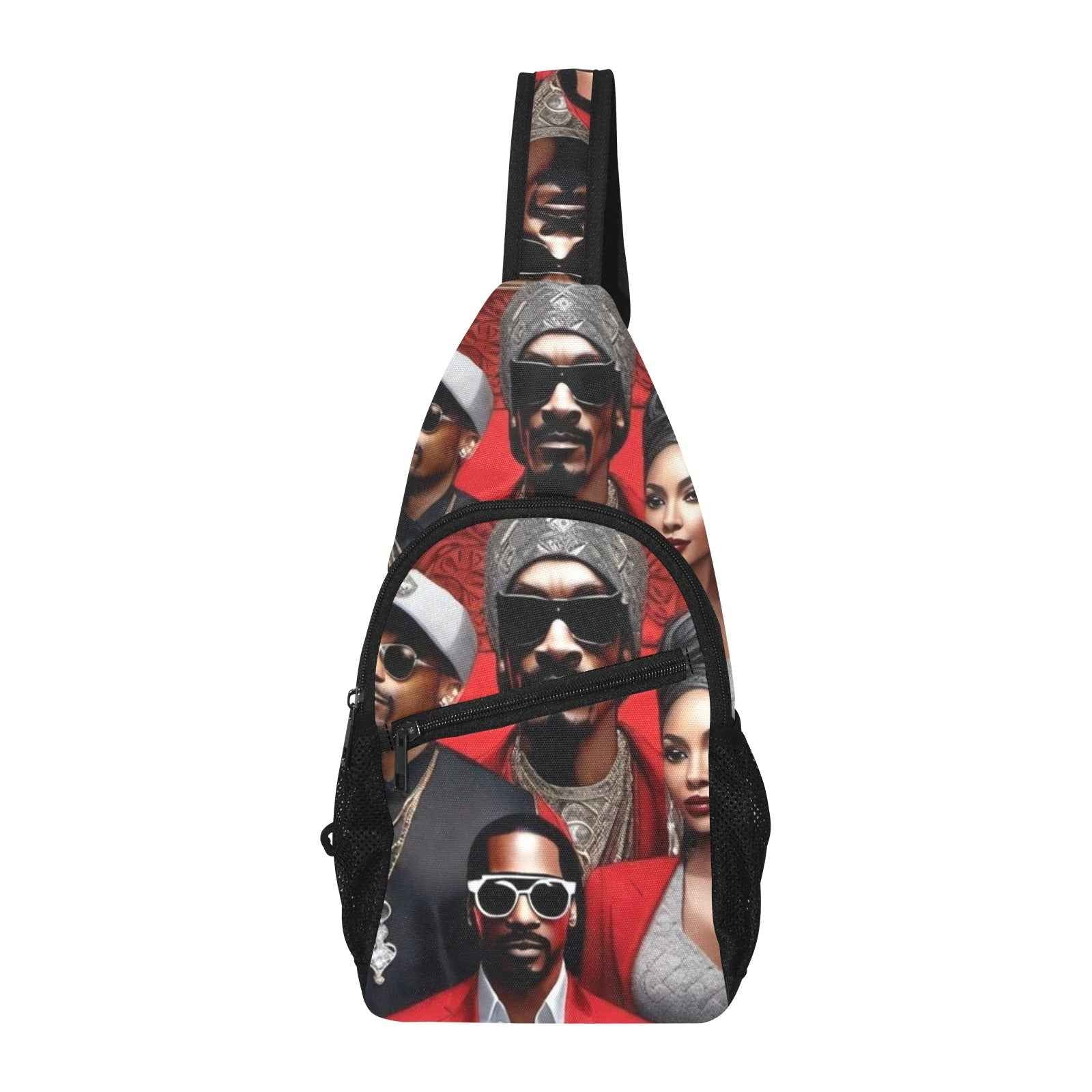 Red caricature all-over print chest bag with adjustable shoulder strap and multiple pockets — alternate view