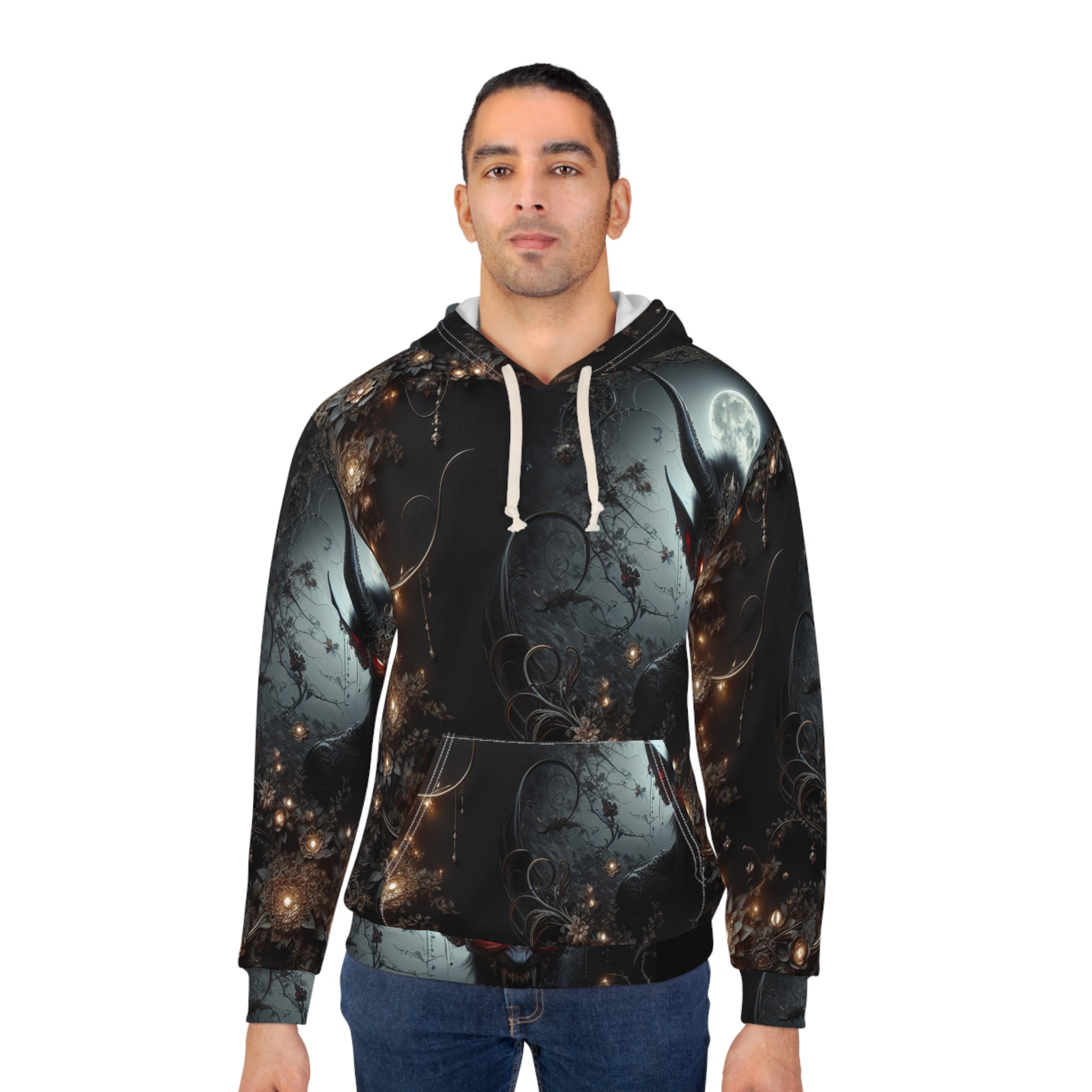 Unisex pullover hoodie with mystical fantasy all-over print and kangaroo pocket — rear view