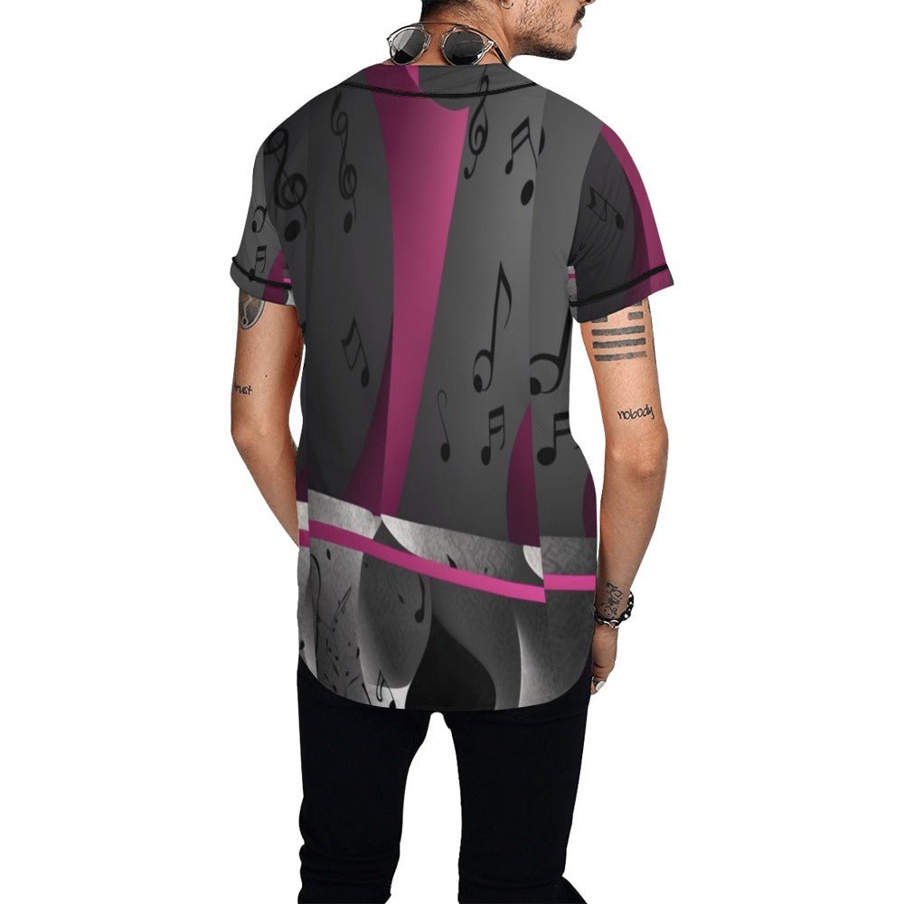 Gray and magenta mesh baseball jersey with musical notes all-over print and full-button front — product detail