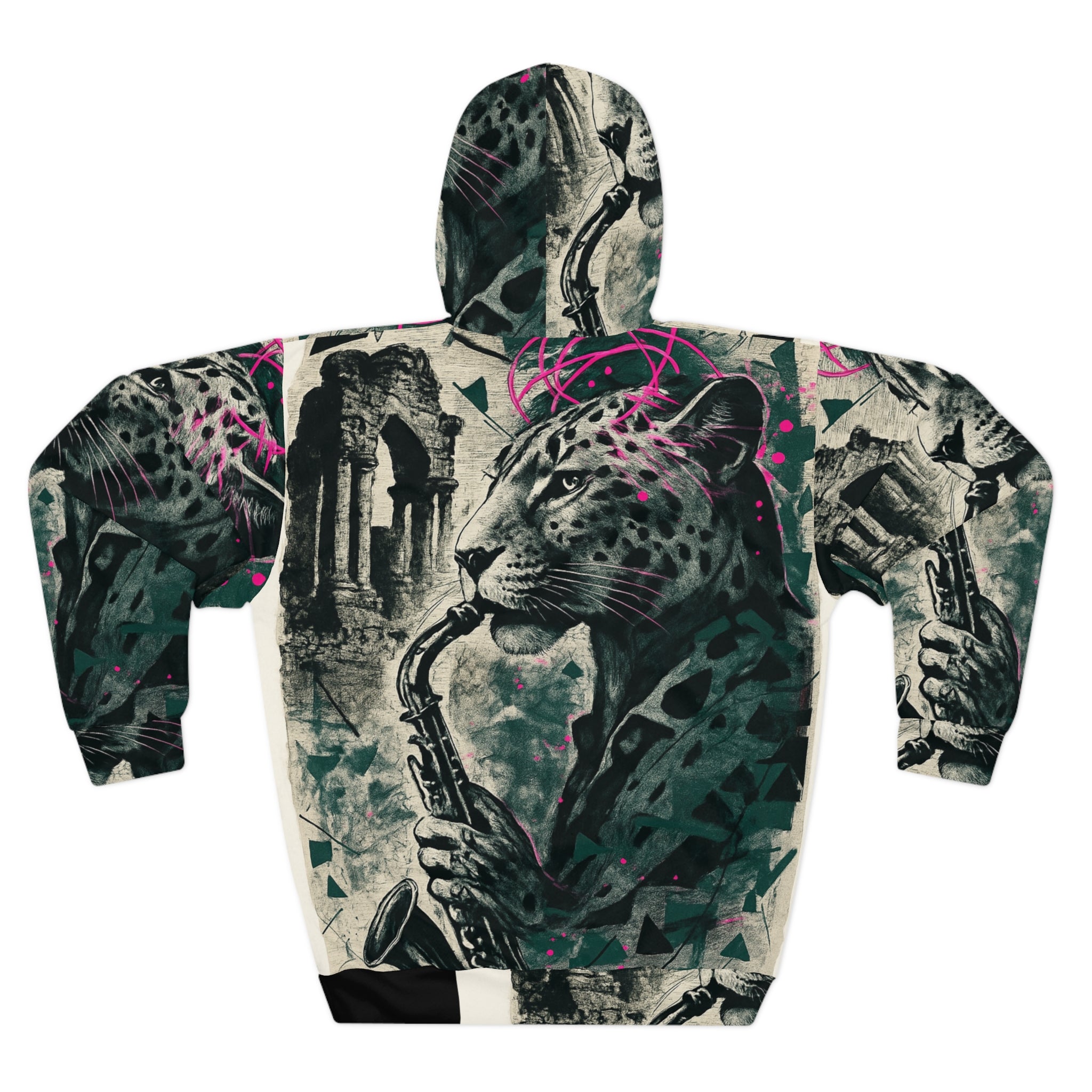 Rich and Rich Jazz-Inspired Unisex Pullover Hoodie with animal print and saxophone graphic