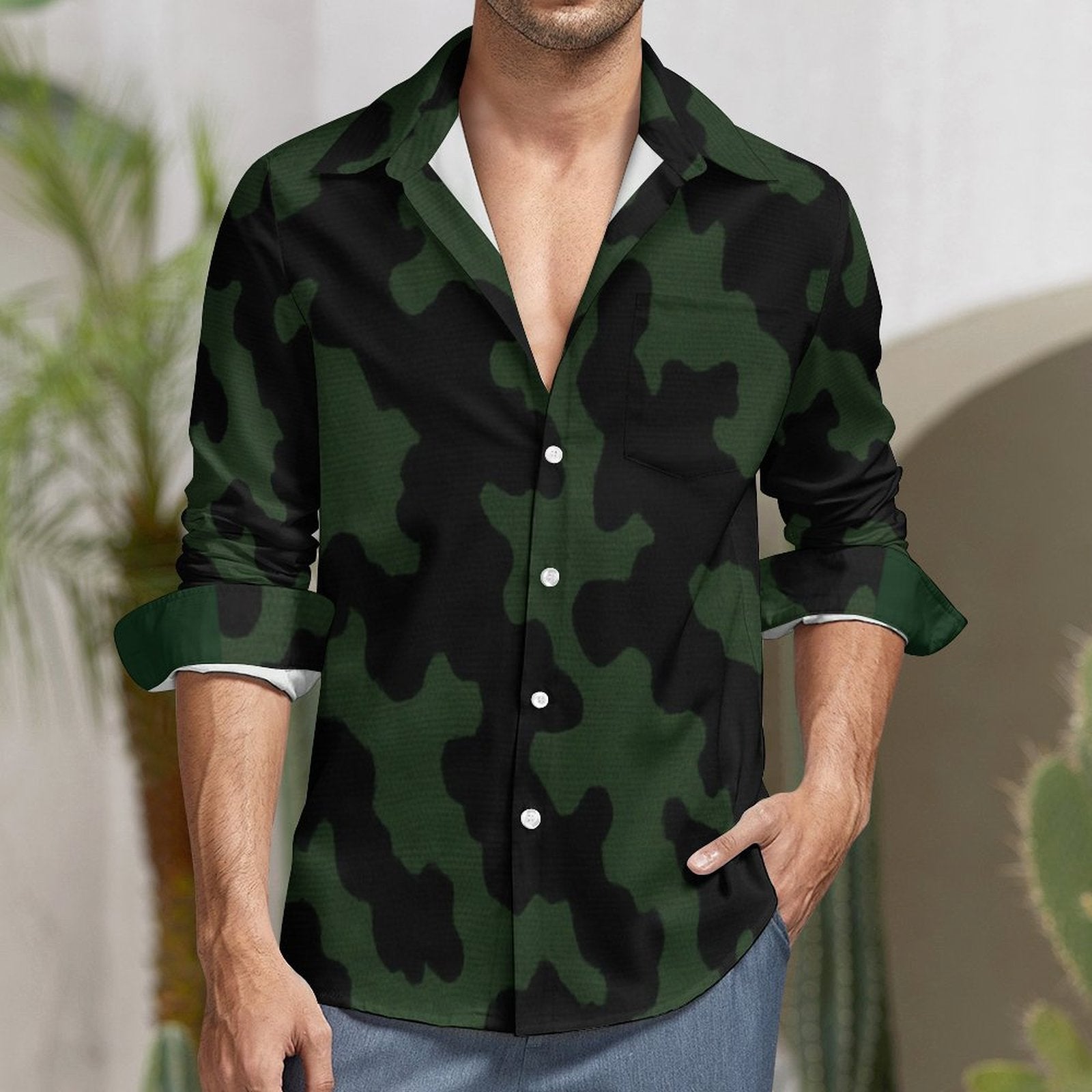 Rich and Rich Green Camo Men's Long Sleeve Casual Shirt