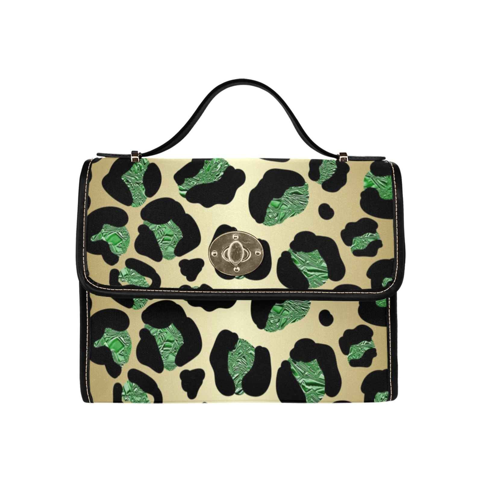 Waterproof emerald print canvas shoulder bag with PU leather handles and adjustable straps
