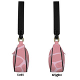 Pink safari-print women's shoulder bag with curved top, black strap and leather edge detailing — rear view