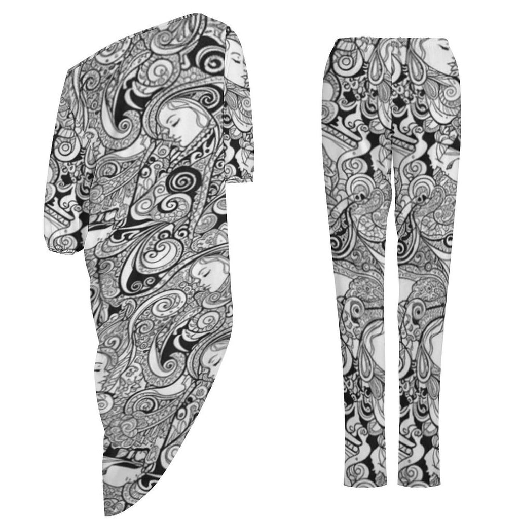 Rich and Rich Black and White Abstract Women's Off Shoulder Two-piece Set