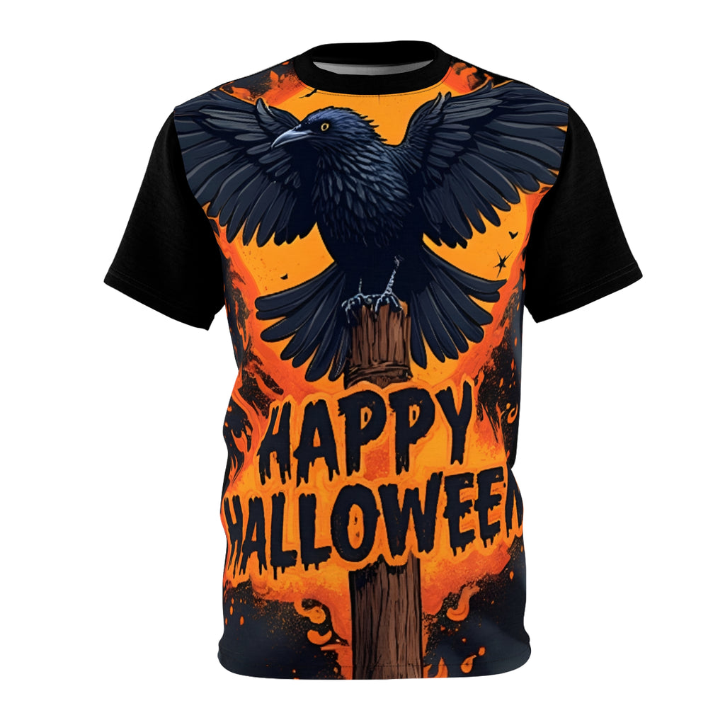 Unisex Halloween Crow Tee with striking raven graphic and Happy Halloween text