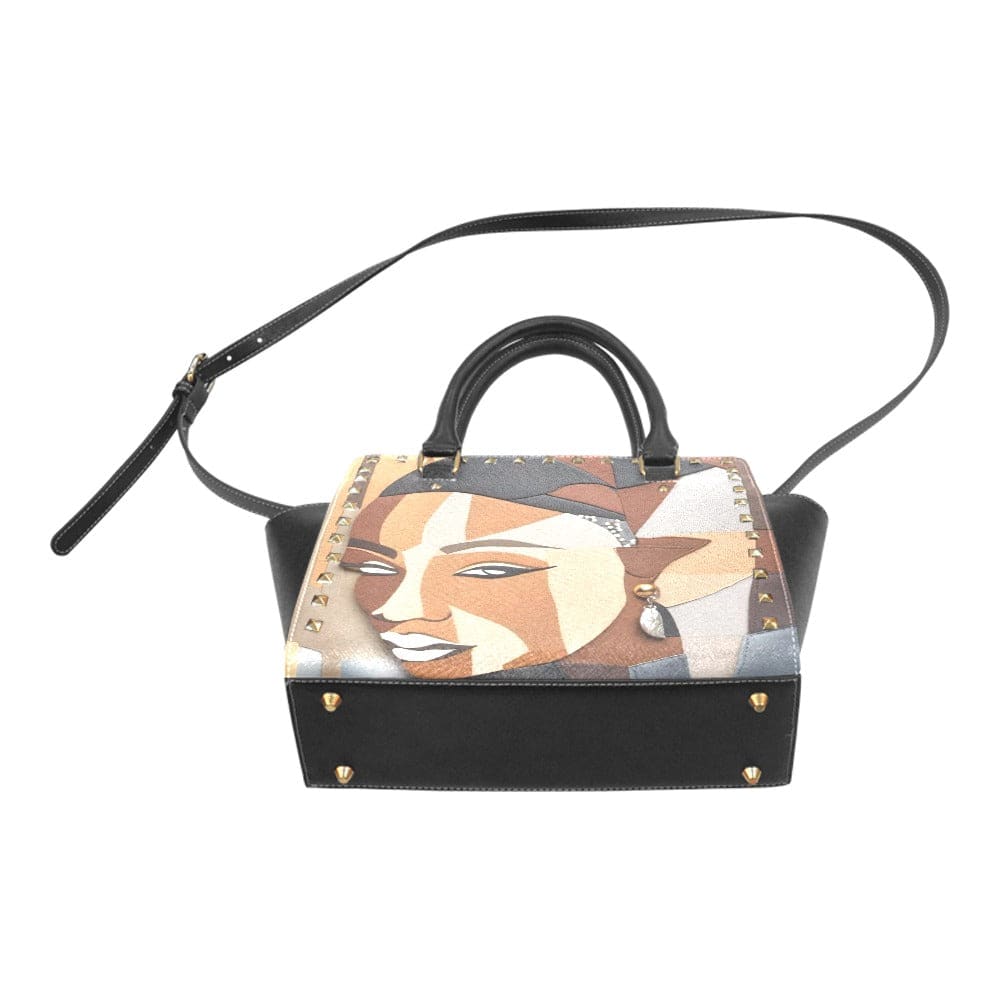 R&RH Abstract Brown Rivet Shoulder Handbag made of high-grade PU leather with adjustable strap
