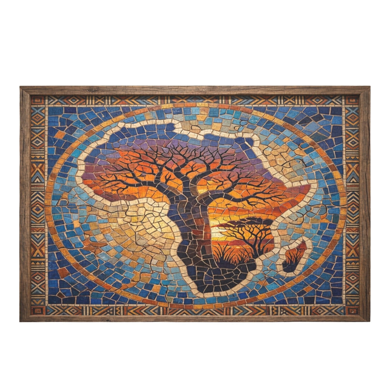 Horizontal wooden puzzle showing Africa silhouette filled by a baobab tree at sunset — alternate view