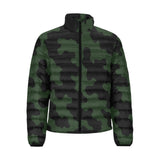 Men's green camouflage puffer jacket with stand-up collar and zipper closure — product detail