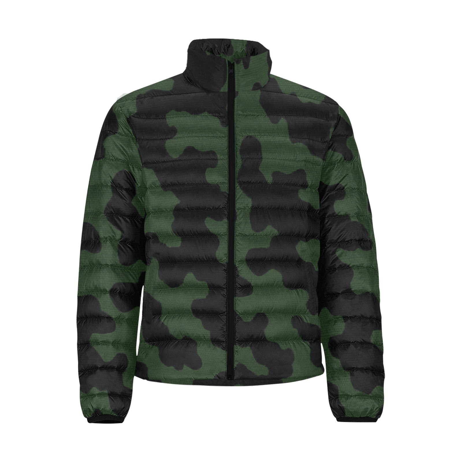 Men's green camouflage puffer jacket with stand-up collar and zipper closure — product detail