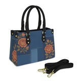 Blue floral PU leather satchel handbag with top handle and adjustable shoulder strap — alternate view