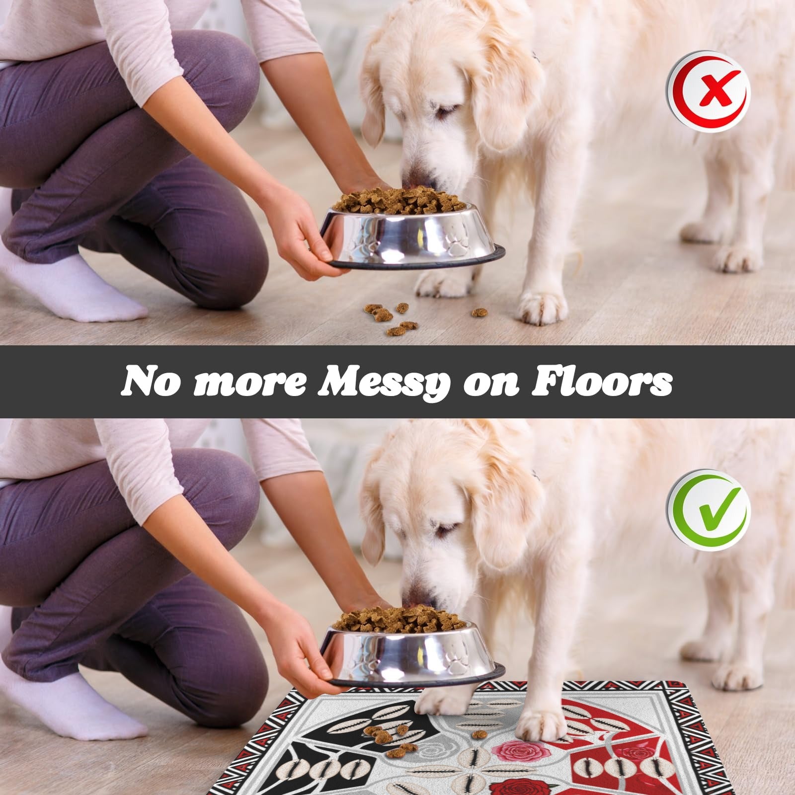 Rectangular Tribal pet feeding mat with absorbent top and non-slip rubber backing, 40 by 30 cm — rear view